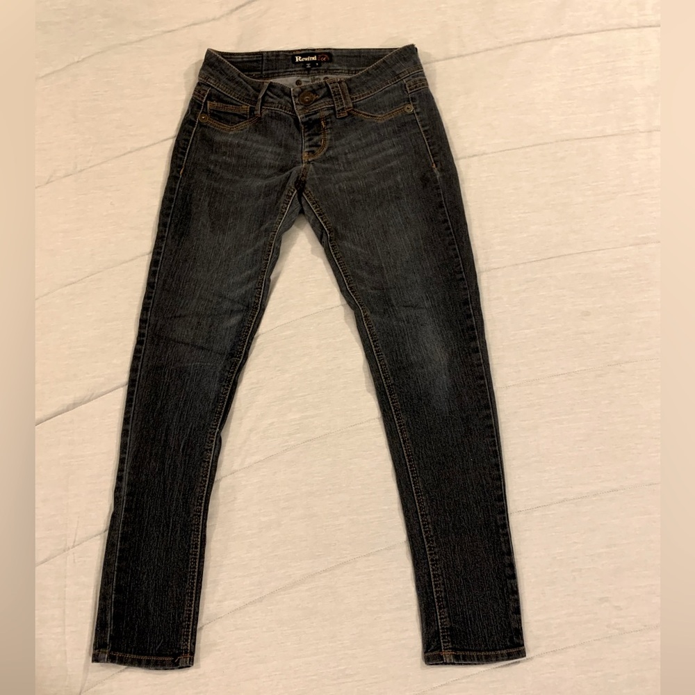 Rewind Jeans sz 3, low rise skinny stretch, grey wash, 29.5 inseam